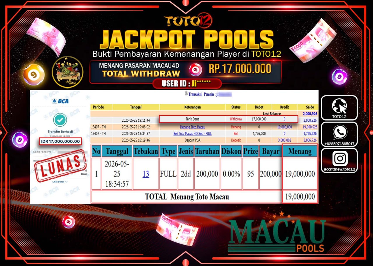 HANYA DI TOTO12 JP PASTI DI BAYAR LUNAS DAN CEPAT!!!!!! JACKPOT POOLS PASARAN (MACAU 4D) Rp17.000.000!!!!