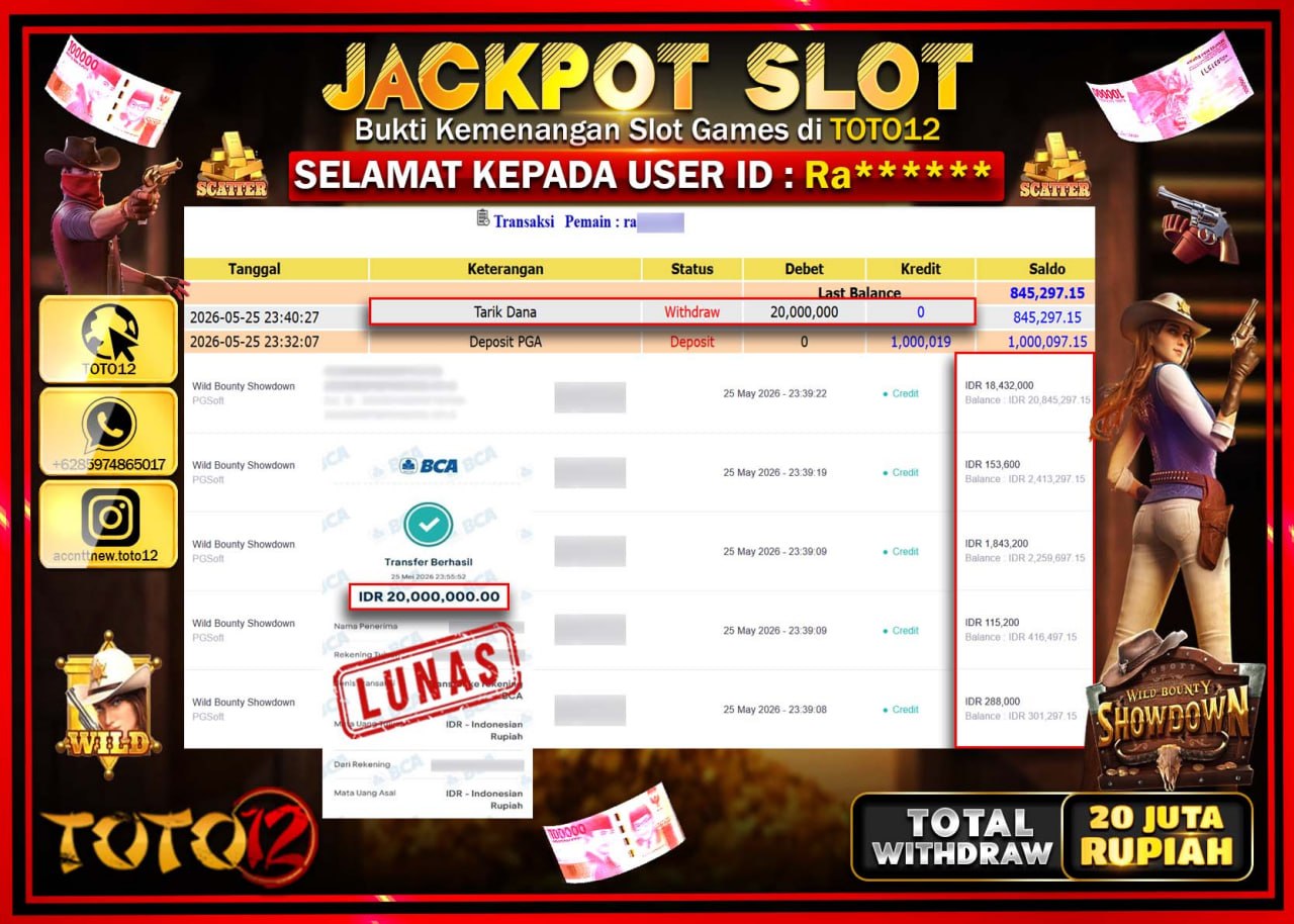HANYA DI TOTO12 JP PASTI DI BAYAR LUNAS DAN CEPAT!!!!!! JACKPOT SLOT GAME (WILD BOUNTY SHOWDOWN) Rp20.000.000!!!!
