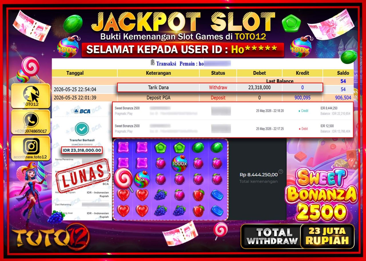 HANYA DI TOTO12 JP PASTI DI BAYAR LUNAS DAN CEPAT!!!!!! JACKPOT SLOT GAME (SWEET BONANZA 2500) Rp23.318.000!!!!