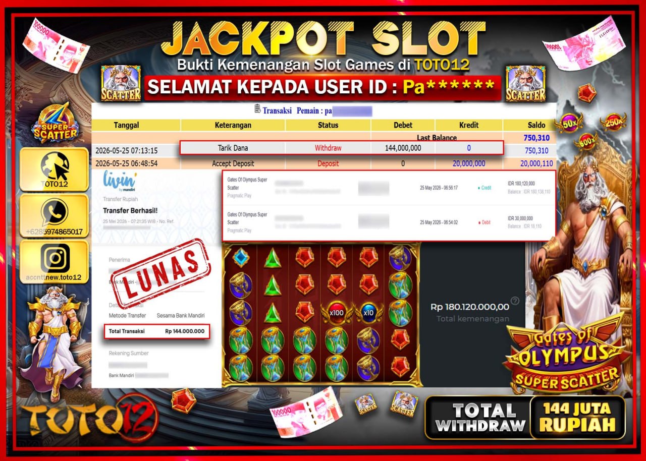 HANYA DI TOTO12 JP PASTI DI BAYAR LUNAS DAN CEPAT!!!!!! JACKPOT SLOT GAME (GATES OF OLYMPUS SUPER SCATTER) Rp114.000.000!!!!
