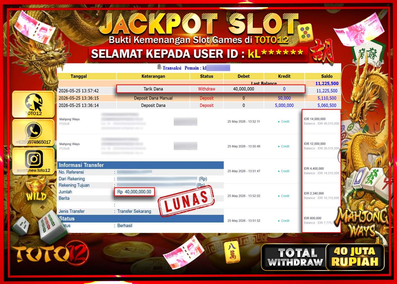 HANYA DI TOTO12 JP PASTI DI BAYAR LUNAS DAN CEPAT!!!!!! JACKPOT SLOT GAME (MAHJONG WAYS) Rp40.000.000!!!!