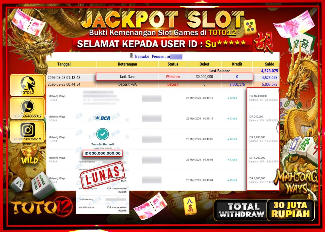 HANYA DI TOTO12 JP PASTI DI BAYAR LUNAS DAN CEPAT!!!!!! JACKPOT SLOT GAME (MAHJONG WAYS) Rp30.000.000!!!!