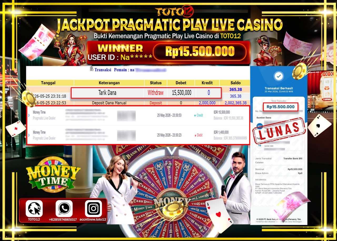 HANYA DI TOTO12 JP PASTI DI BAYAR LUNAS DAN CEPAT!!!!!! JACKPOT PRAGMATIC PLAY LIVE GAME CASINO (MONEY TIME) Rp15.500.000!!!!