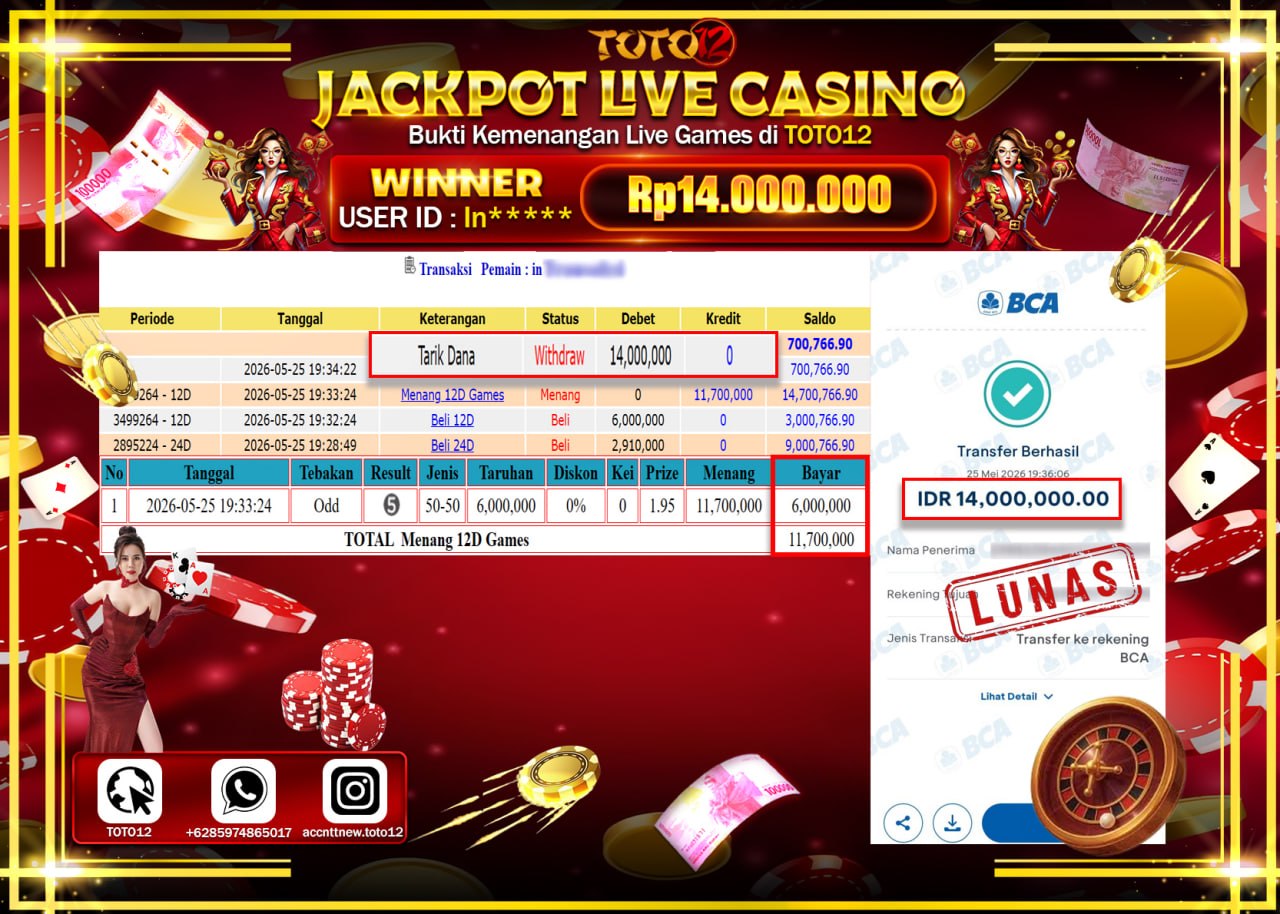 HANYA DI TOTO12 JP PASTI DI BAYAR LUNAS DAN CEPAT!!!!!! JACKPOT  LIVE GAME CASINO (12D) Rp14.000.000!!!!