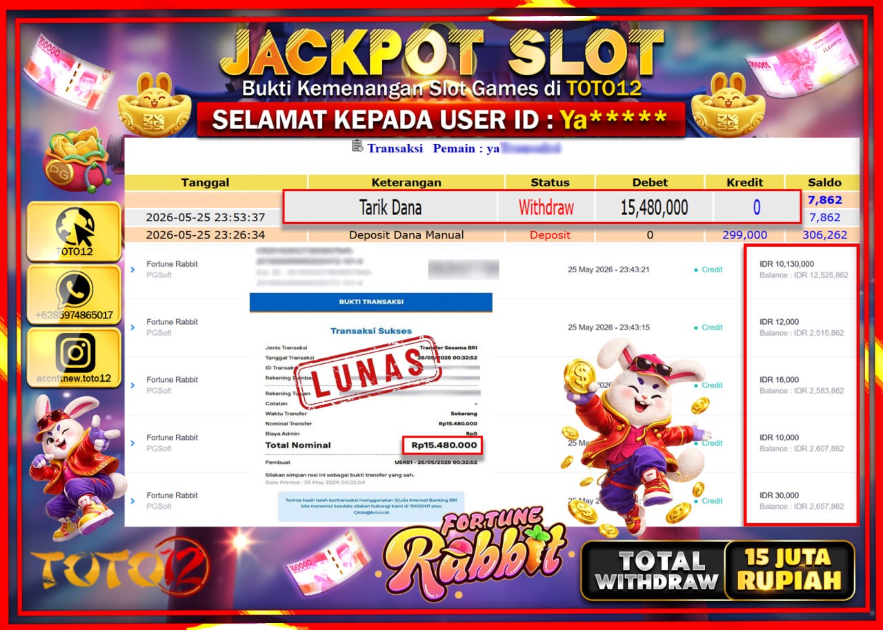 HANYA DI TOTO12 JP PASTI DI BAYAR LUNAS DAN CEPAT!!!!!! JACKPOT SLOT GAME (FORTUNE RABBIT) Rp15.480.000!!!!