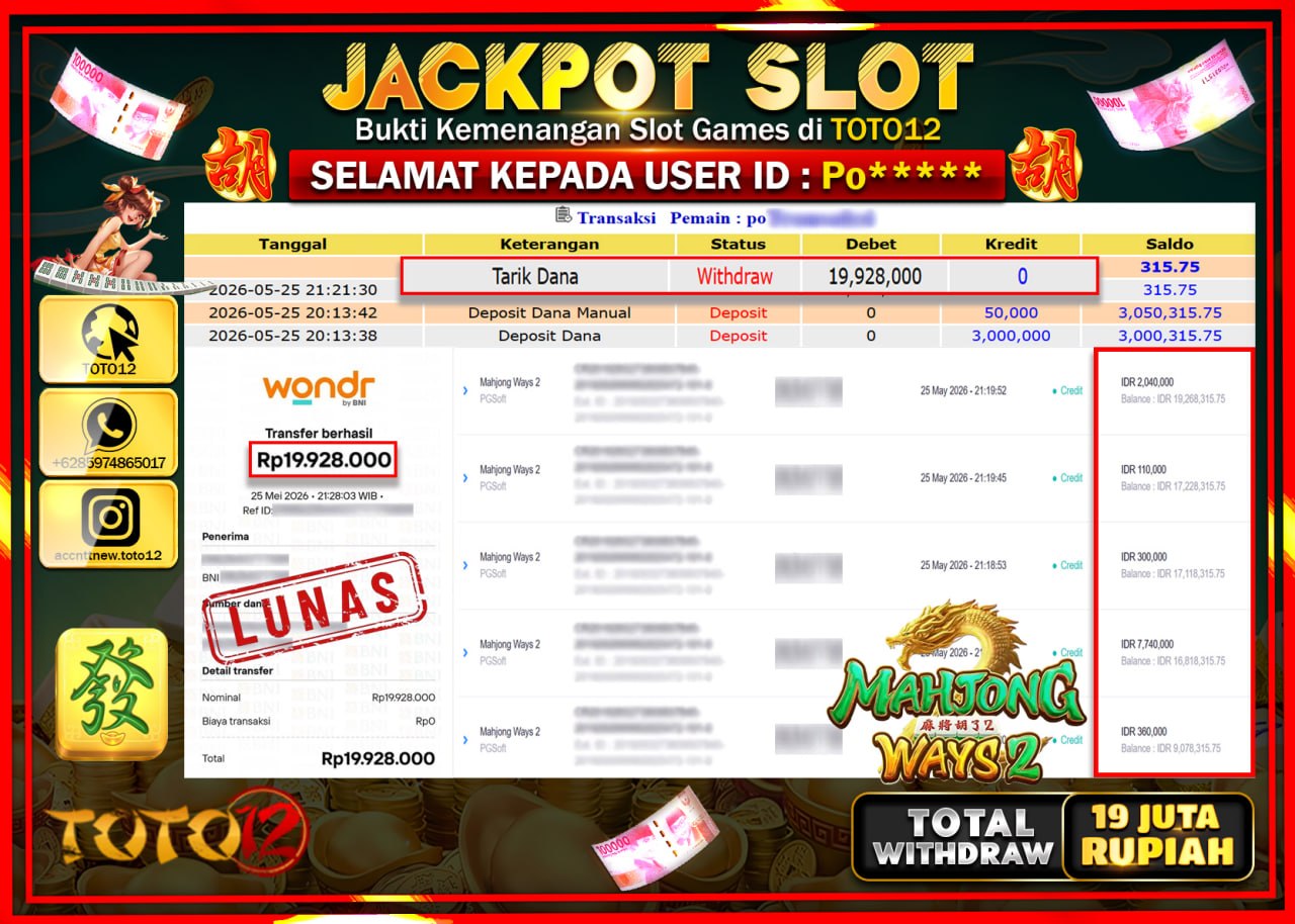 HANYA DI TOTO12 JP PASTI DI BAYAR LUNAS DAN CEPAT!!!!!! JACKPOT SLOT GAME (MAHJONG WAYS 2) Rp19.928.000!!!!