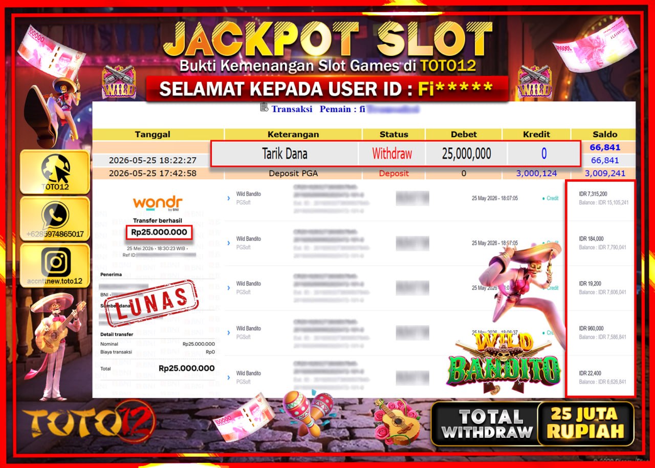 HANYA DI TOTO12 JP PASTI DI BAYAR LUNAS DAN CEPAT!!!!!! JACKPOT SLOT GAME (WILD BANDITO) Rp25.000.000!!!!