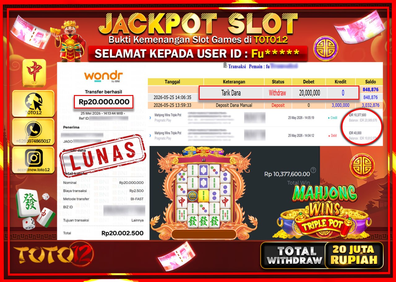 HANYA DI TOTO12 JP PASTI DI BAYAR LUNAS DAN CEPAT!!!!!! JACKPOT SLOT GAME (MAHJONG WINS TRIPEL POT) Rp20.000.000!!!!