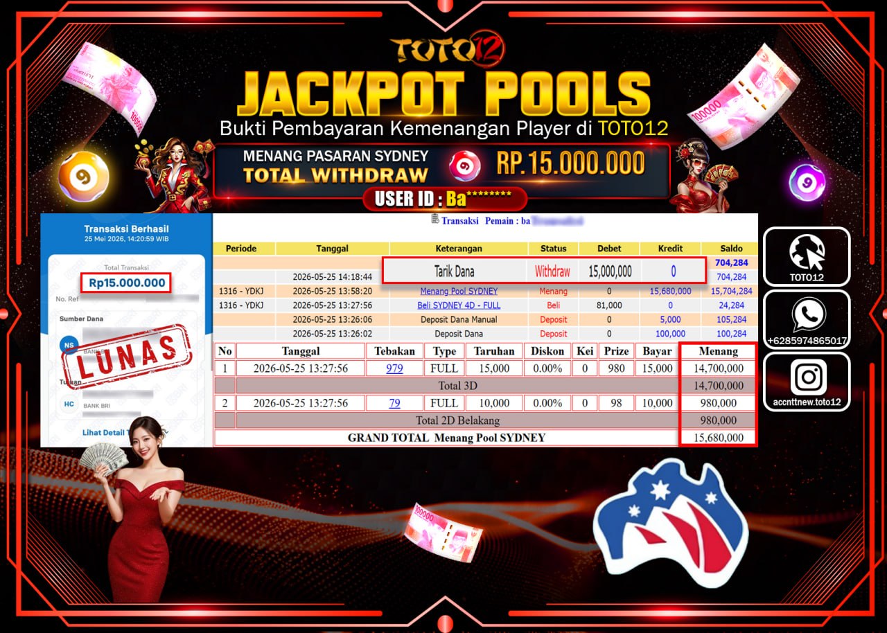 HANYA DI TOTO12 JP PASTI DI BAYAR LUNAS DAN CEPAT!!!!!! JACKPOT POOLS PASARAN (SYDNEY) Rp15.000.000!!!!
