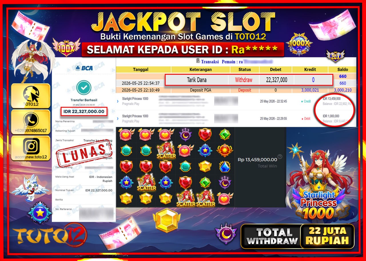 HANYA DI TOTO12 JP PASTI DI BAYAR LUNAS DAN CEPAT!!!!!! JACKPOT SLOT GAME (STARLIGHT PRINCESS 1000) Rp22.327.000!!!!