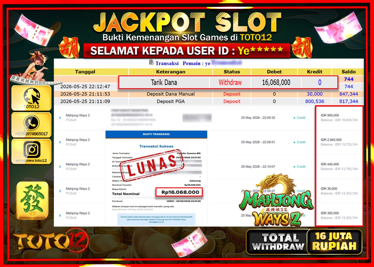 HANYA DI TOTO12 JP PASTI DI BAYAR LUNAS DAN CEPAT!!!!!! JACKPOT SLOT GAME (MAHJONG WAYS 2) Rp16.068.000!!!!