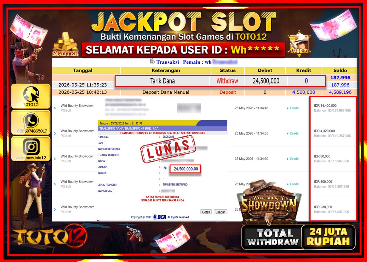 HANYA DI TOTO12 JP PASTI DI BAYAR LUNAS DAN CEPAT!!!!!! JACKPOT SLOT GAME (WILD BOUNTY SHOWDOWN) Rp24.500.000!!!!