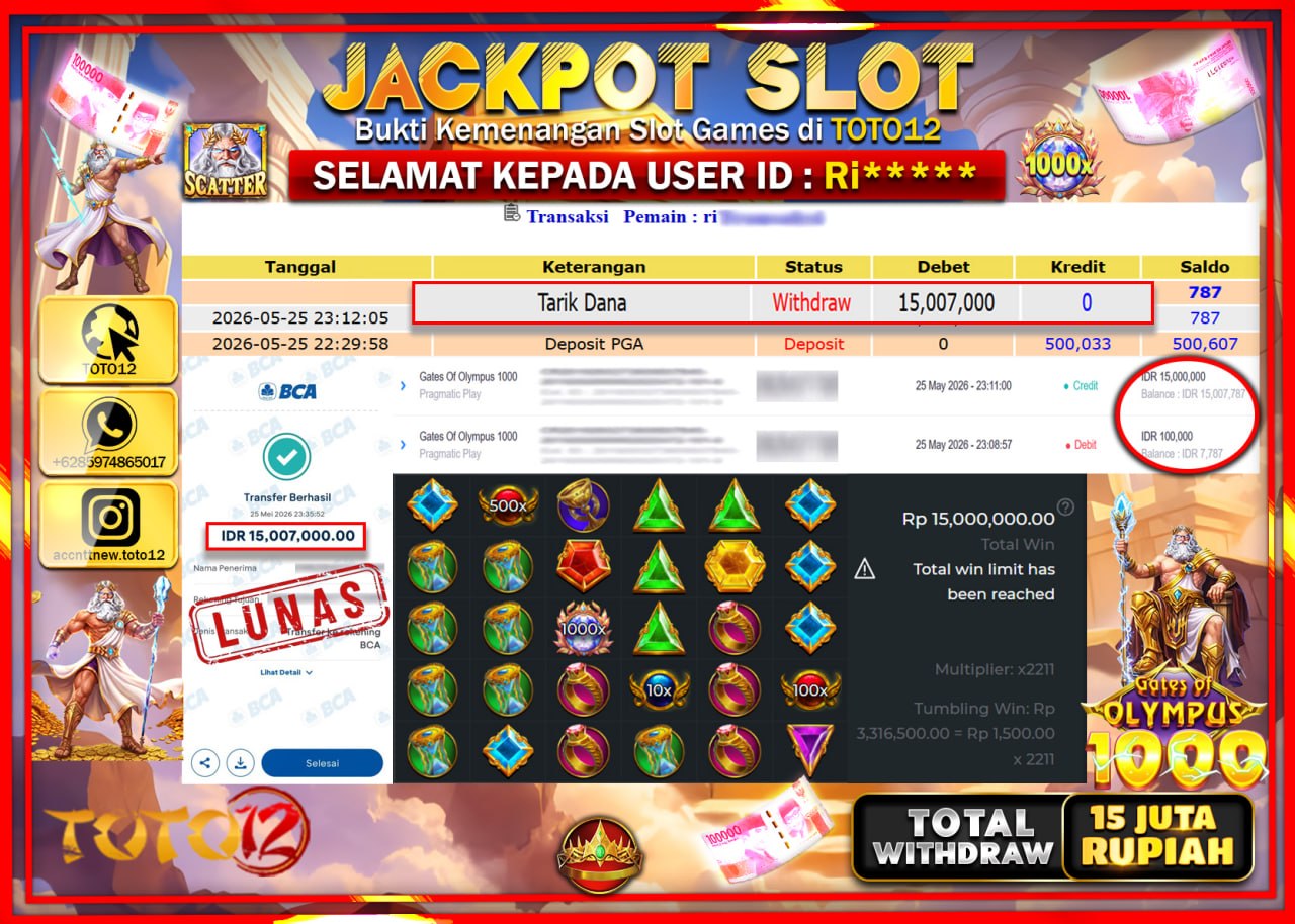 HANYA DI TOTO12 JP PASTI DI BAYAR LUNAS DAN CEPAT!!!!!! JACKPOT SLOT GAME (GATES OF OLYMPUS 1000) Rp15.007.000!!!!