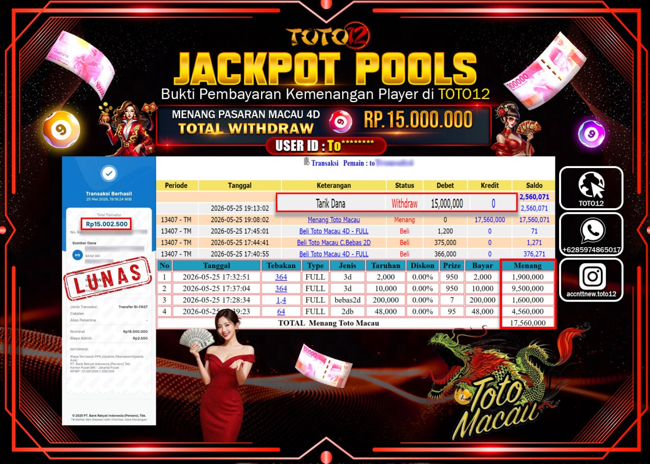 HANYA DI TOTO12 JP PASTI DI BAYAR LUNAS DAN CEPAT!!!!!! JACKPOT POOLS PASARAN (MACAU 4D) Rp15.000.000!!!!