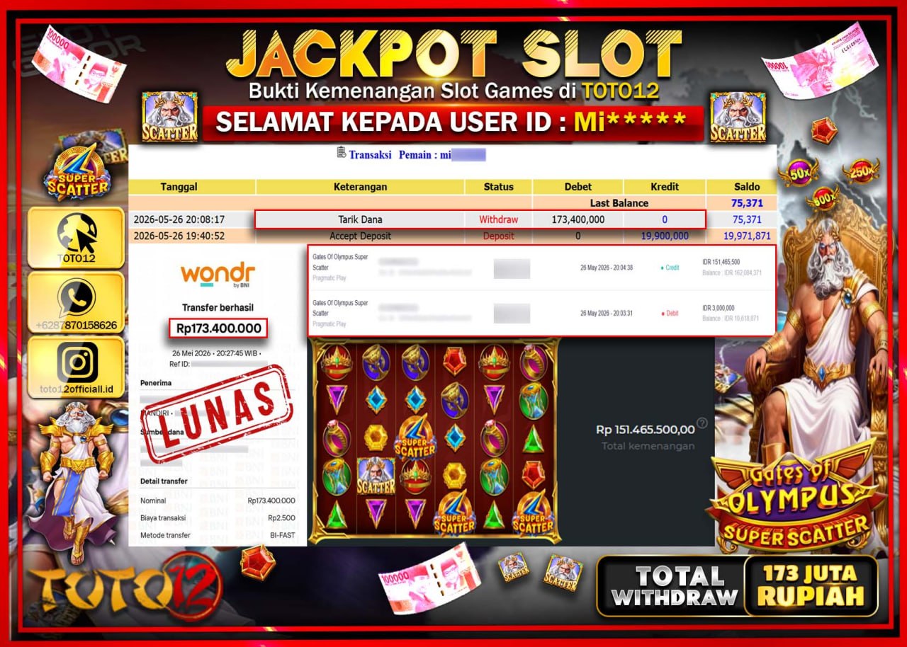 HANYA DI TOTO12 JP PASTI DI BAYAR LUNAS DAN CEPAT!!!!!! JACKPOT SLOT GAME (GATES OF OLYMPUS SUPER SCATTER) Rp173.400.000!!!!