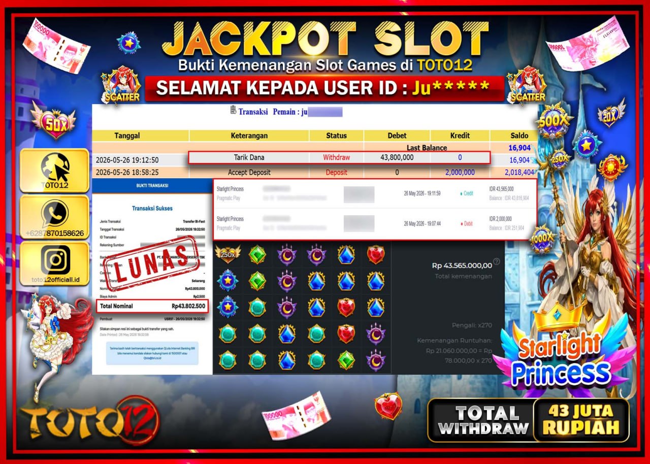HANYA DI TOTO12 JP PASTI DI BAYAR LUNAS DAN CEPAT!!!!!! JACKPOT SLOT GAME (STARLIGHT PRINCESS) Rp43.800.000!!!!