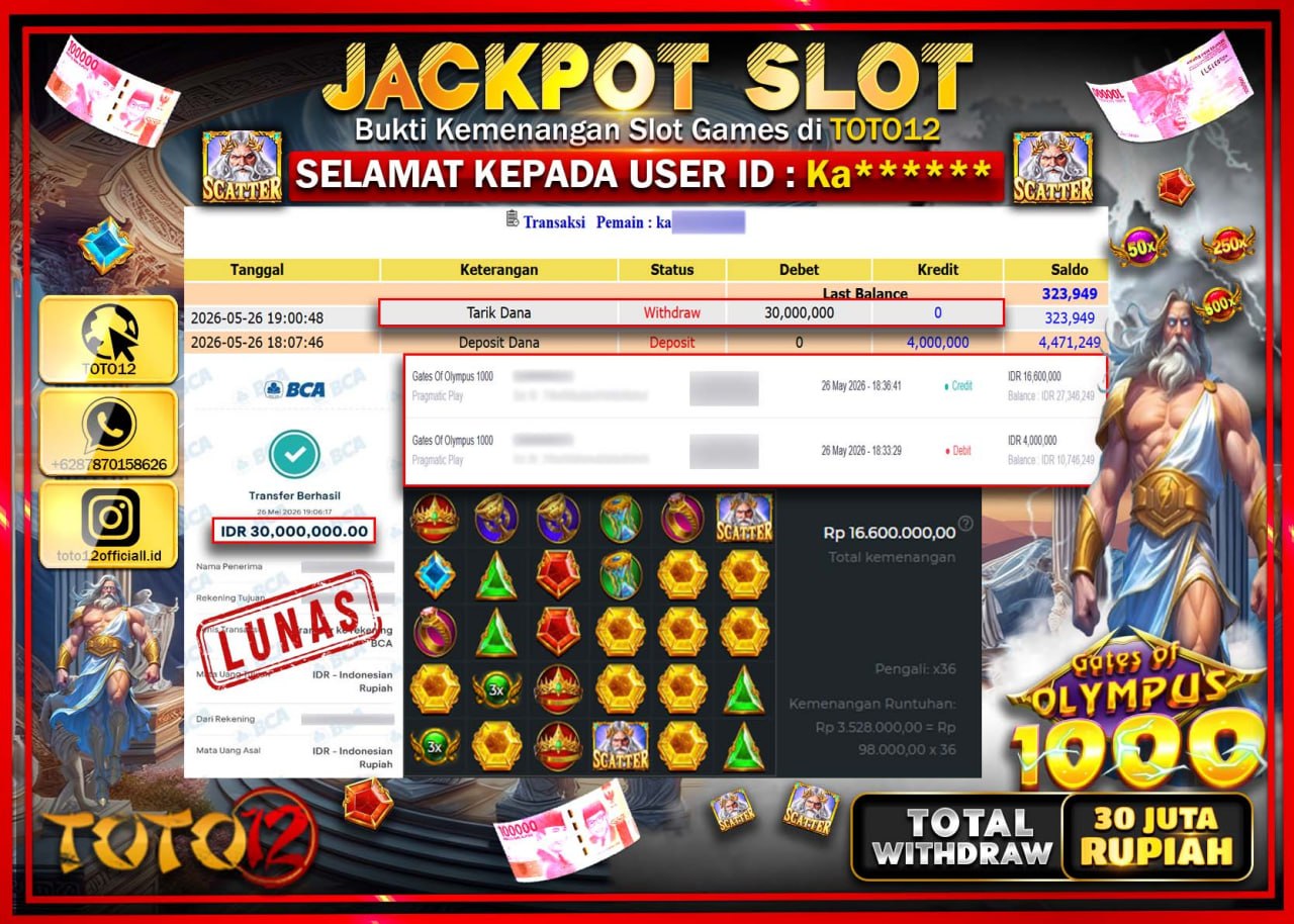 HANYA DI TOTO12 JP PASTI DI BAYAR LUNAS DAN CEPAT!!!!!! JACKPOT SLOT GAME (GATES OF OLYMPUS 1000) Rp30.000.000!!!!
