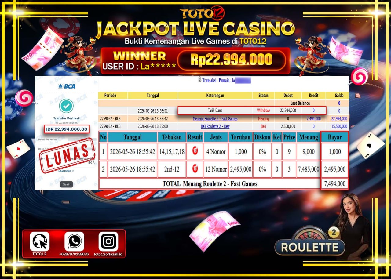 HANYA DI TOTO12 JP PASTI DI BAYAR LUNAS DAN CEPAT!!!!!! JACKPOT  LIVE GAME CASINO (ROULETTE 2) Rp22.994.000!!!!