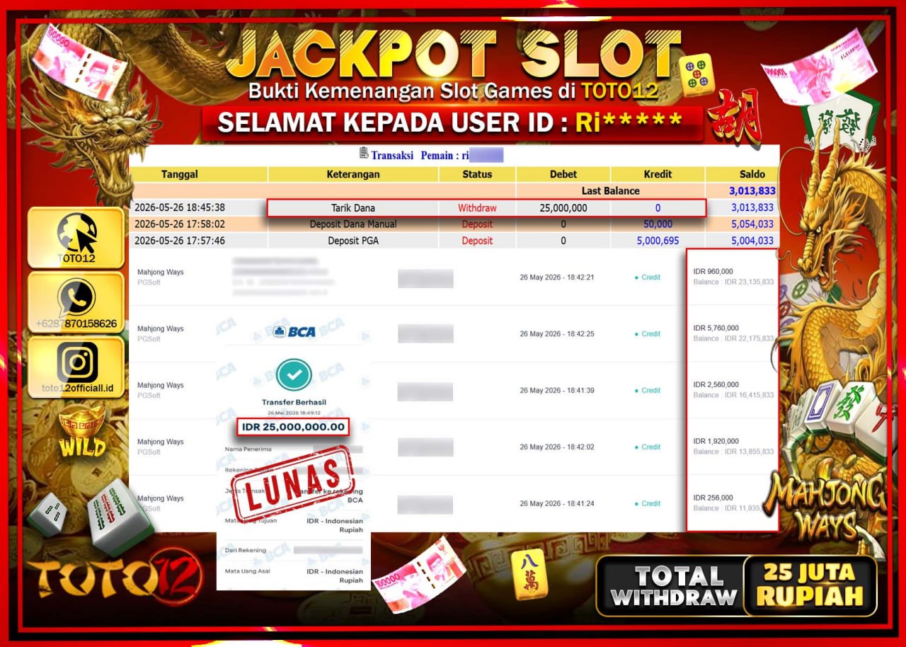 HANYA DI TOTO12 JP PASTI DI BAYAR LUNAS DAN CEPAT!!!!!! JACKPOT SLOT GAME (MAHJONG WAYS) Rp25.000.000!!!!