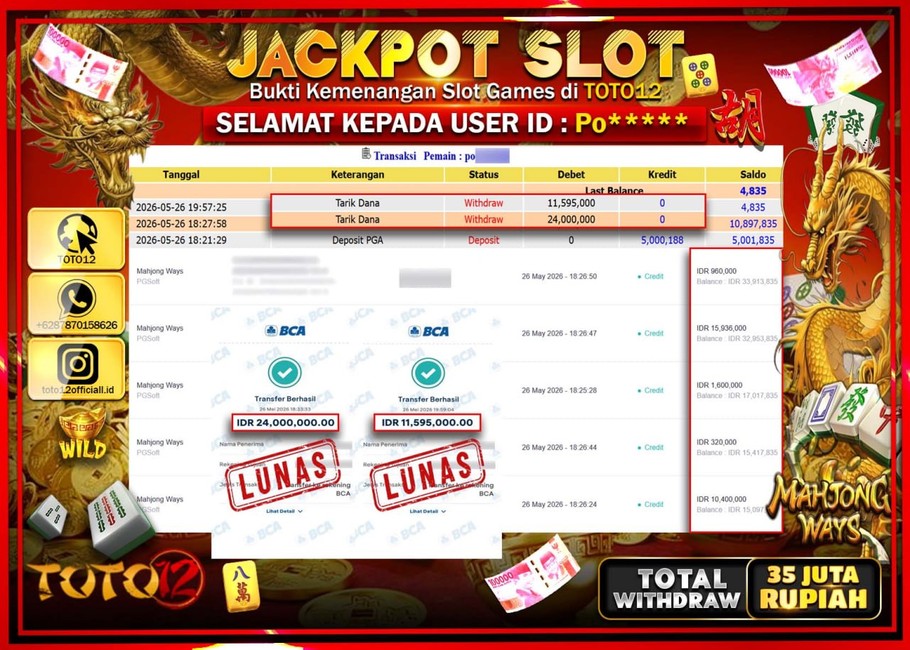 HANYA DI TOTO12 JP PASTI DI BAYAR LUNAS DAN CEPAT!!!!!! JACKPOT SLOT GAME (MAHJONG WAYS) Rp35.595.000!!!!