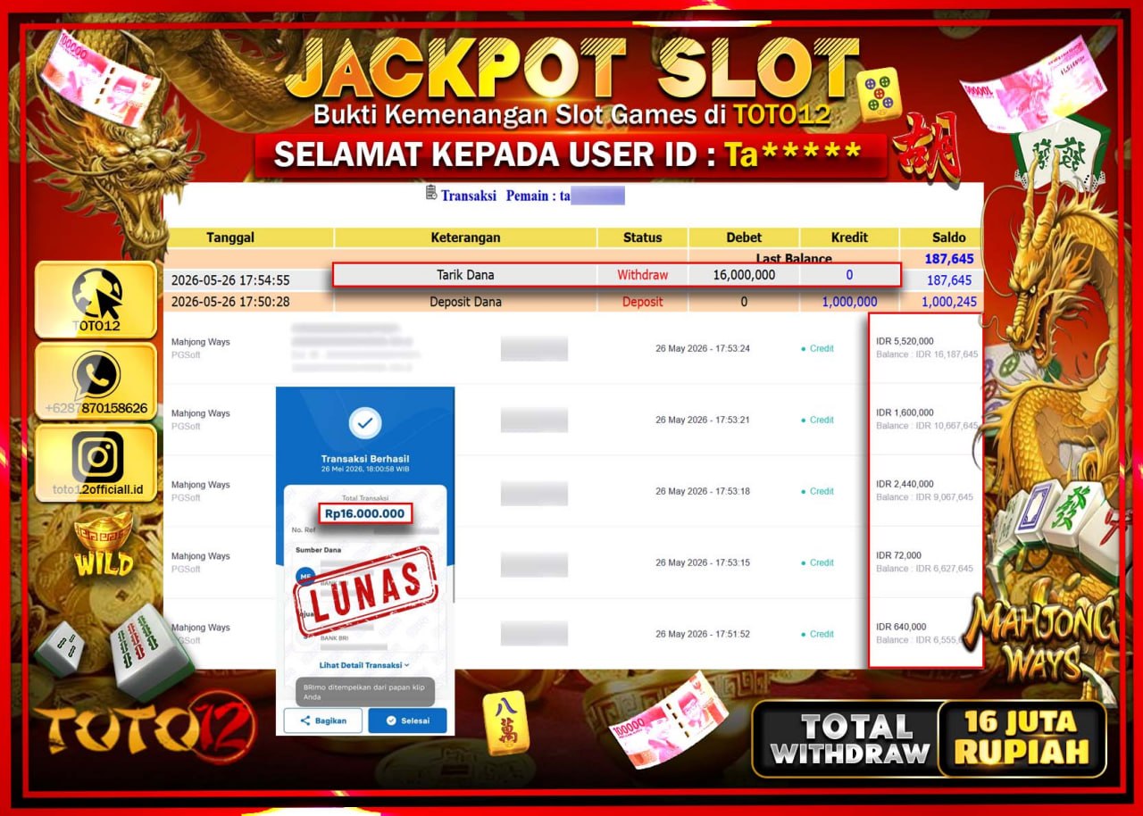 HANYA DI TOTO12 JP PASTI DI BAYAR LUNAS DAN CEPAT!!!!!! JACKPOT SLOT GAME (MAHJONG WAYS) Rp16.000.000!!!!