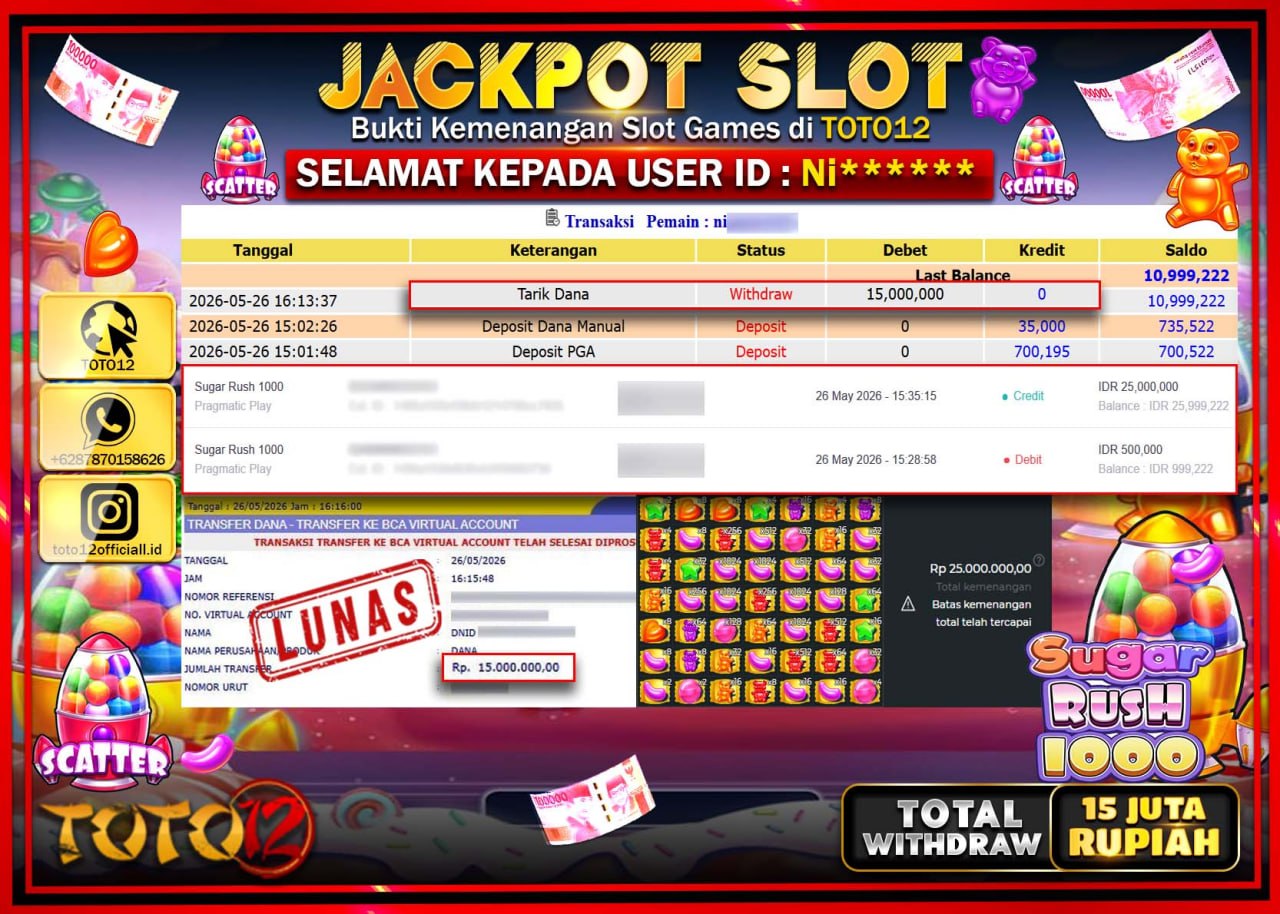 HANYA DI TOTO12 JP PASTI DI BAYAR LUNAS DAN CEPAT!!!!!! JACKPOT SLOT GAME (SUGAR RUSH 1000) Rp15.000.000!!!!