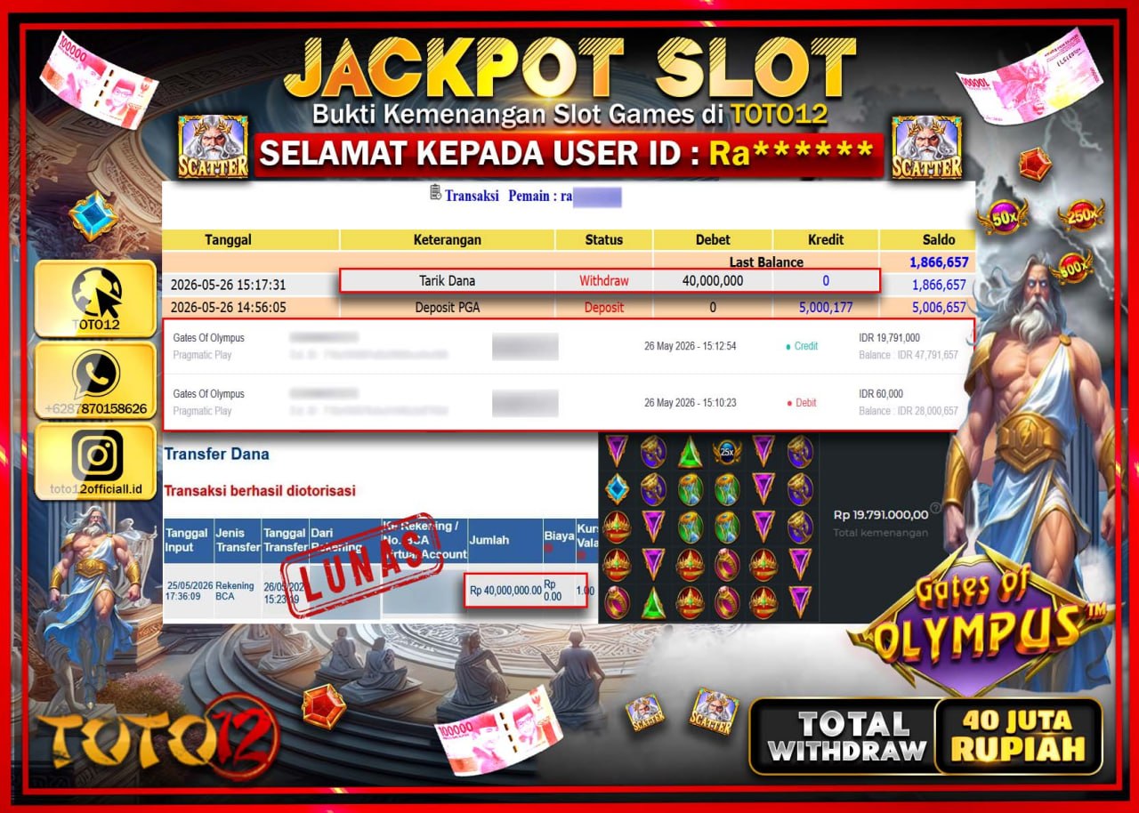 HANYA DI TOTO12 JP PASTI DI BAYAR LUNAS DAN CEPAT!!!!!! JACKPOT SLOT GAME (GATES OF OLYMPUS) Rp40.000.000!!!!