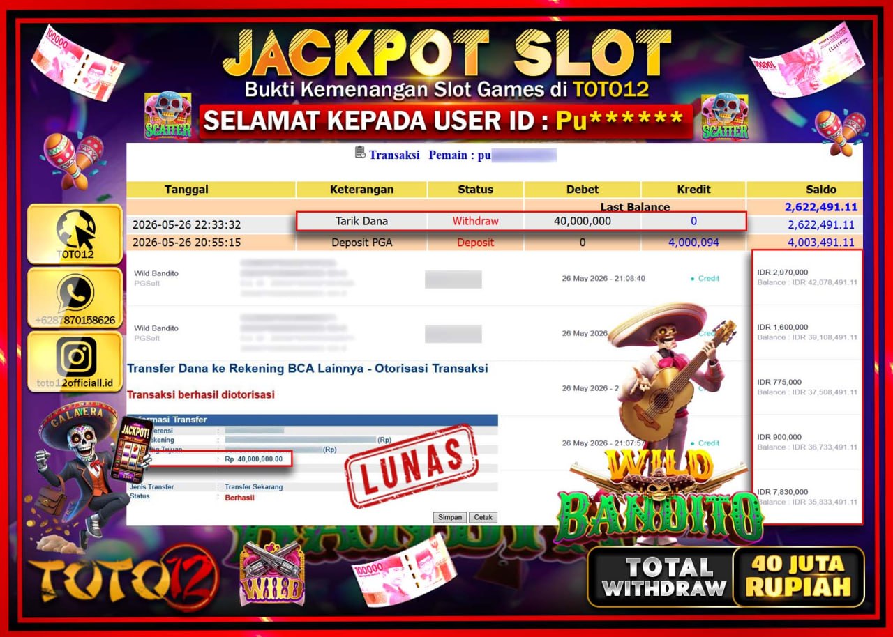 HANYA DI TOTO12 JP PASTI DI BAYAR LUNAS DAN CEPAT!!!!!! JACKPOT SLOT GAME (WILD BANDITO) Rp40.000.000!!!!