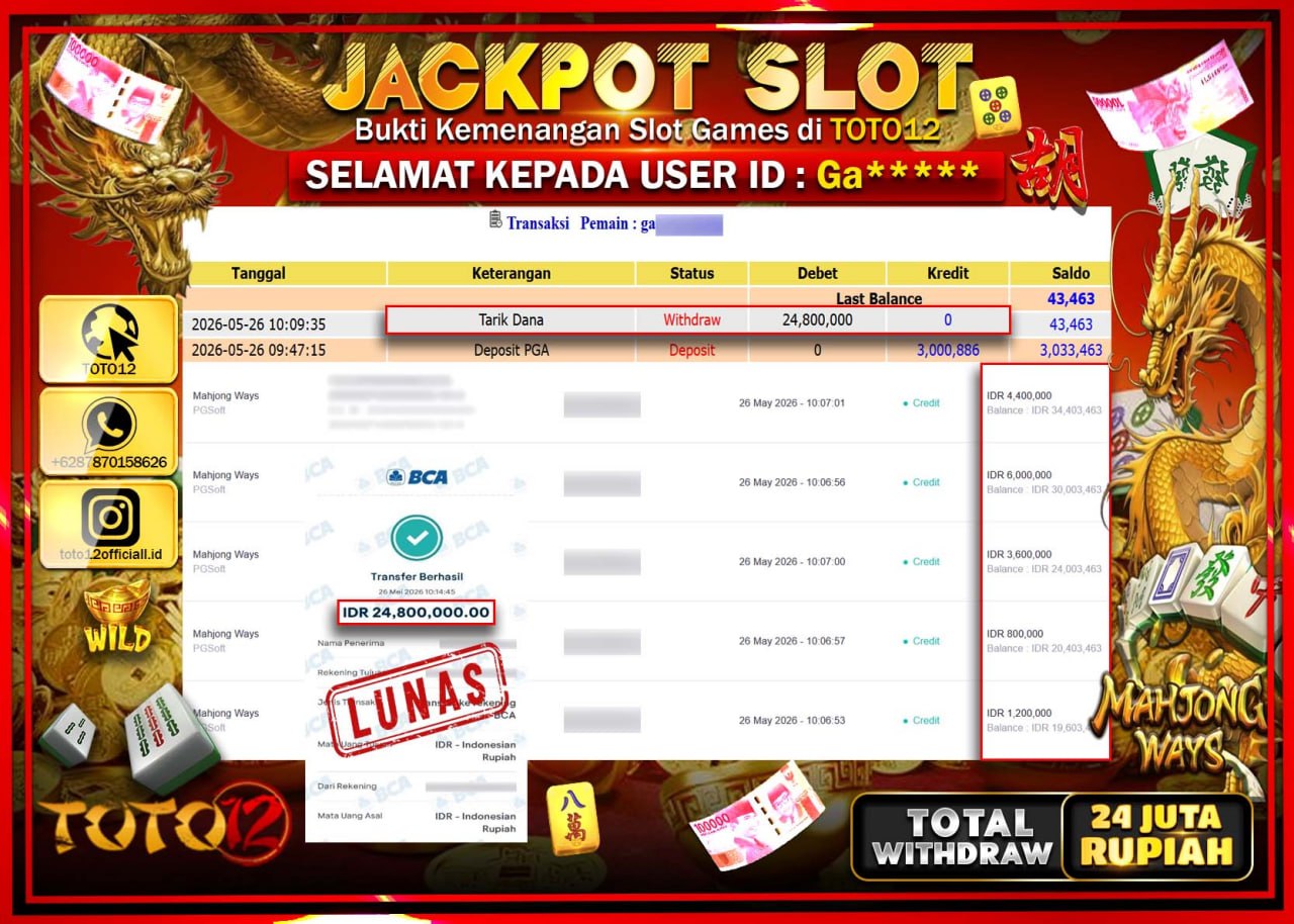HANYA DI TOTO12 JP PASTI DI BAYAR LUNAS DAN CEPAT!!!!!! JACKPOT SLOT GAME (MAHJONG WAYS) Rp24.800.000!!!!