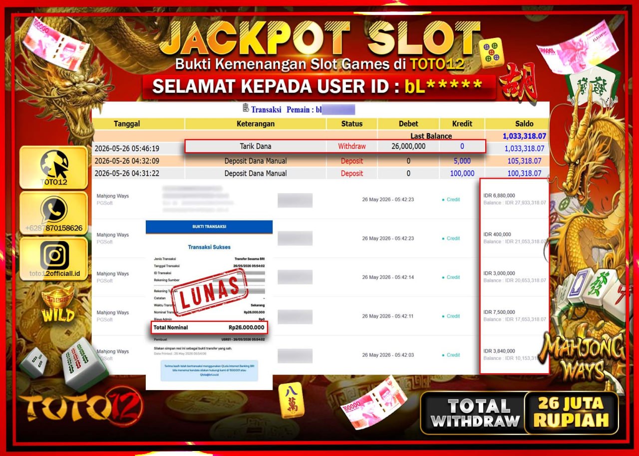 HANYA DI TOTO12 JP PASTI DI BAYAR LUNAS DAN CEPAT!!!!!! JACKPOT SLOT GAME (MAHJONG WAYS) Rp26.000.000!!!!