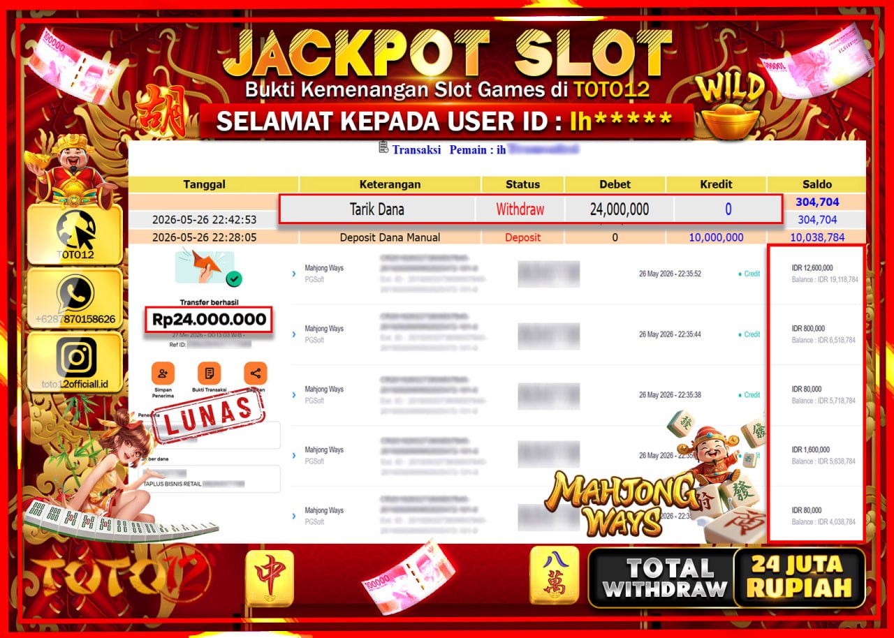 HANYA DI TOTO12 JP PASTI DI BAYAR LUNAS DAN CEPAT!!!!!! JACKPOT SLOT GAME (MAHJONG WAYS) Rp24.000.000!!!!