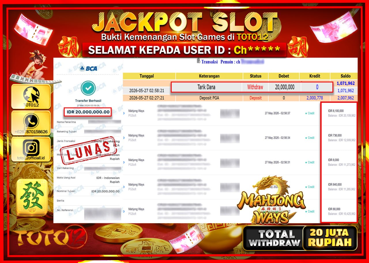 HANYA DI TOTO12 JP PASTI DI BAYAR LUNAS DAN CEPAT!!!!!! JACKPOT SLOT GAME (MAHJONG WAYS) Rp20.000.000!!!!