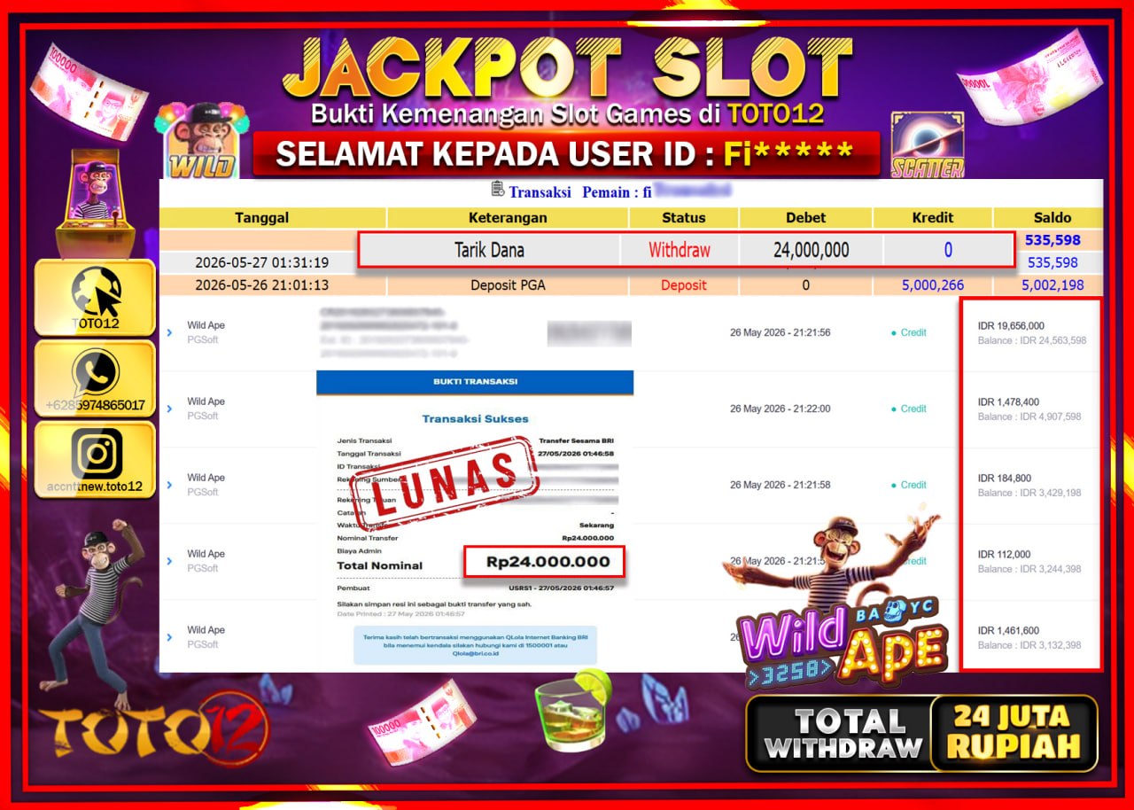 HANYA DI TOTO12 JP PASTI DI BAYAR LUNAS DAN CEPAT!!!!!! JACKPOT SLOT GAME (WILD APE) Rp24.000.000!!!!