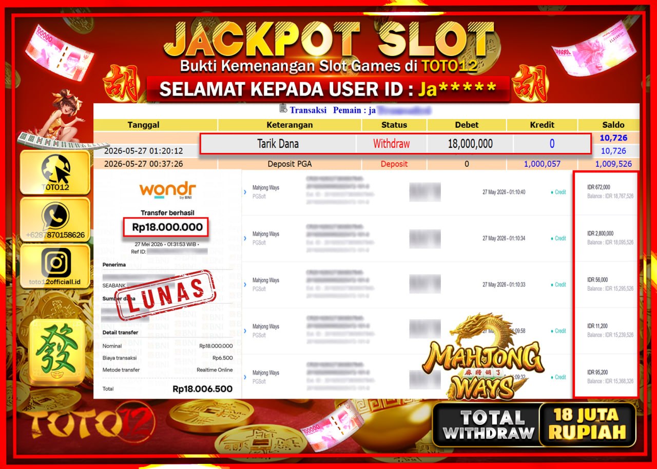 HANYA DI TOTO12 JP PASTI DI BAYAR LUNAS DAN CEPAT!!!!!! JACKPOT SLOT GAME (MAHJONG WAYS) Rp18.000.000!!!!