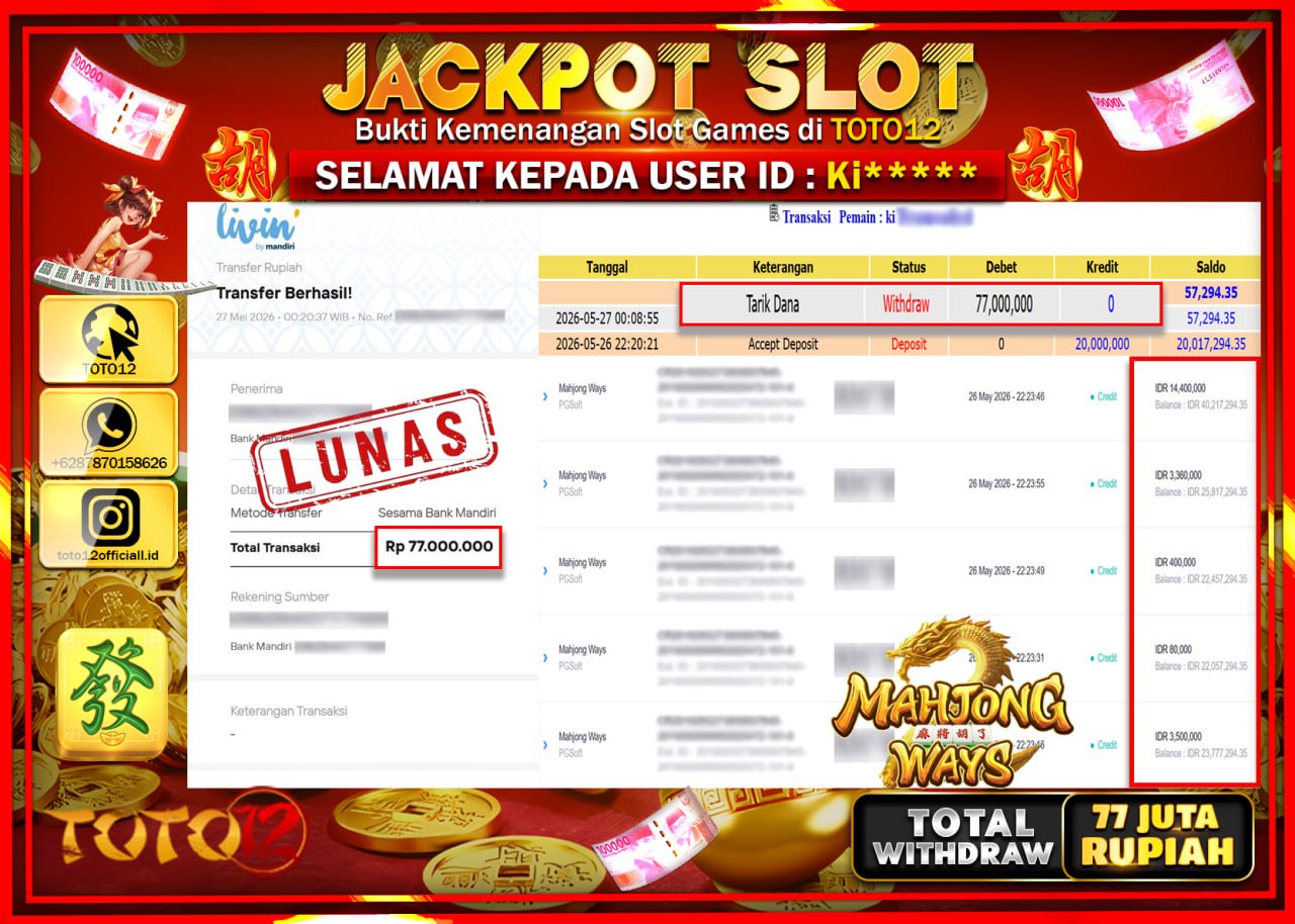 HANYA DI TOTO12 JP PASTI DI BAYAR LUNAS DAN CEPAT!!!!!! JACKPOT SLOT GAME (MAHJONG WAYS) Rp77.000.000!!!!