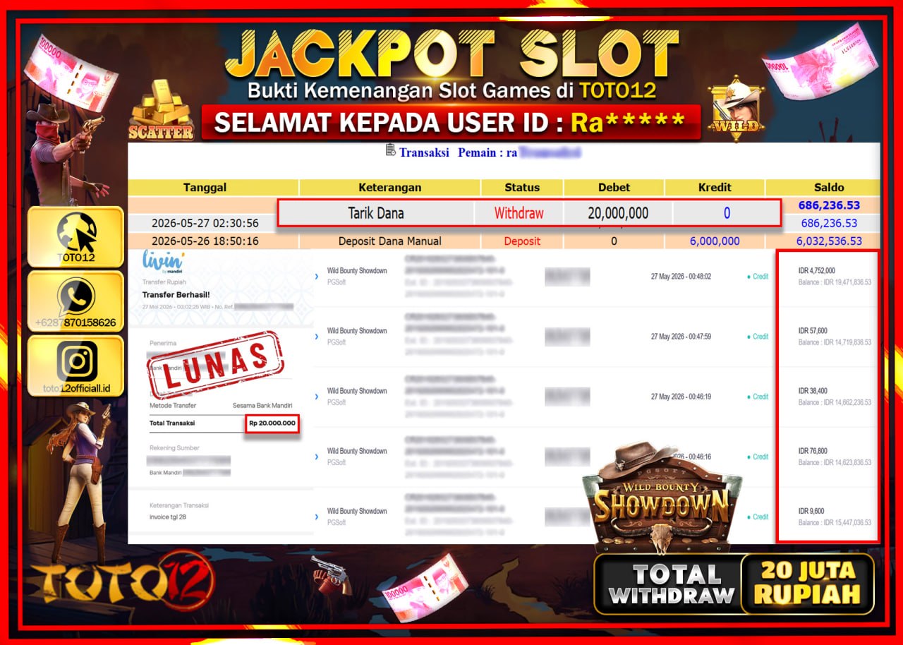 HANYA DI TOTO12 JP PASTI DI BAYAR LUNAS DAN CEPAT!!!!!! JACKPOT SLOT GAME (WILD BOUNTY SHOWDOWN) Rp20.000.000!!!!