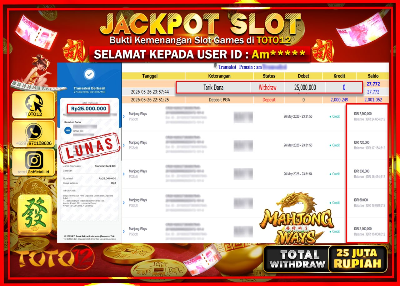 HANYA DI TOTO12 JP PASTI DI BAYAR LUNAS DAN CEPAT!!!!!! JACKPOT SLOT GAME (MAHJONG WAYS) Rp25.000.000!!!!