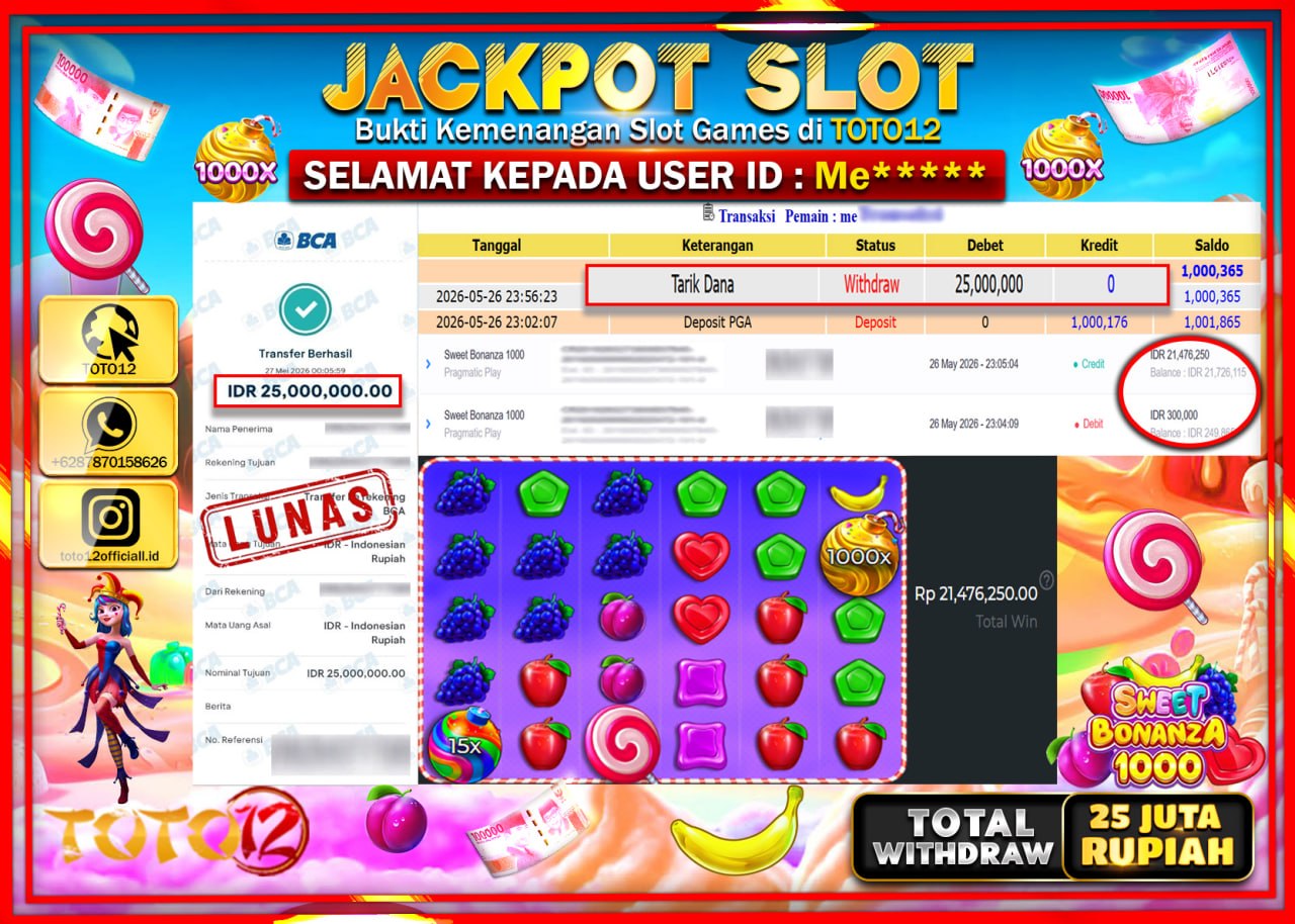 HANYA DI TOTO12 JP PASTI DI BAYAR LUNAS DAN CEPAT!!!!!! JACKPOT SLOT GAME (SWEET BONANZA 1000) Rp25.000.000!!!!
