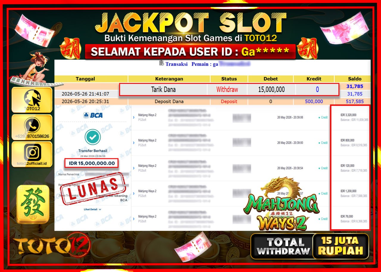 HANYA DI TOTO12 JP PASTI DI BAYAR LUNAS DAN CEPAT!!!!!! JACKPOT SLOT GAME (MAHJONG WAYS 2) Rp15.000.000!!!!
