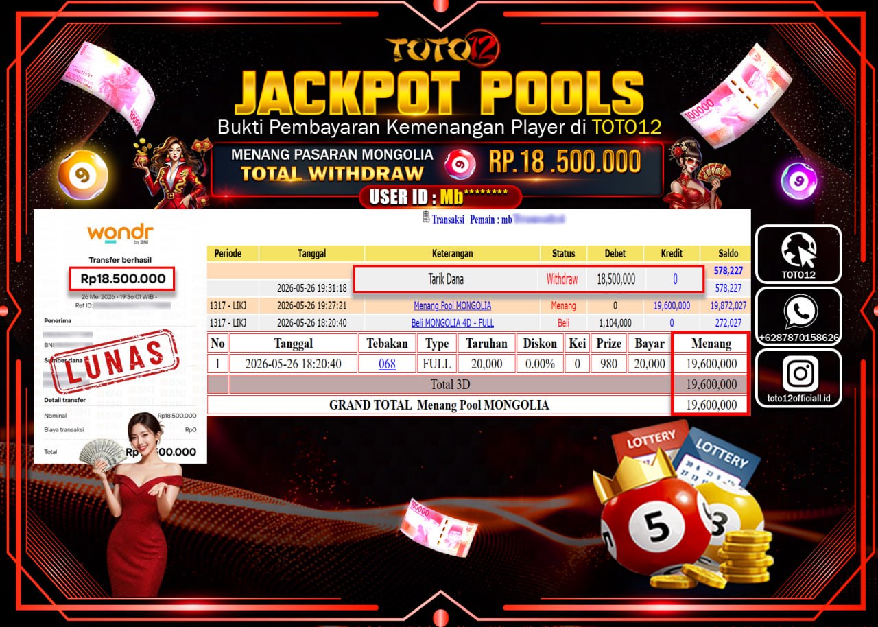 HANYA DI TOTO12 JP PASTI DI BAYAR LUNAS DAN CEPAT!!!!!! JACKPOT POOLS PASARAN (MONGOLIA) Rp18.500.000!!!!
