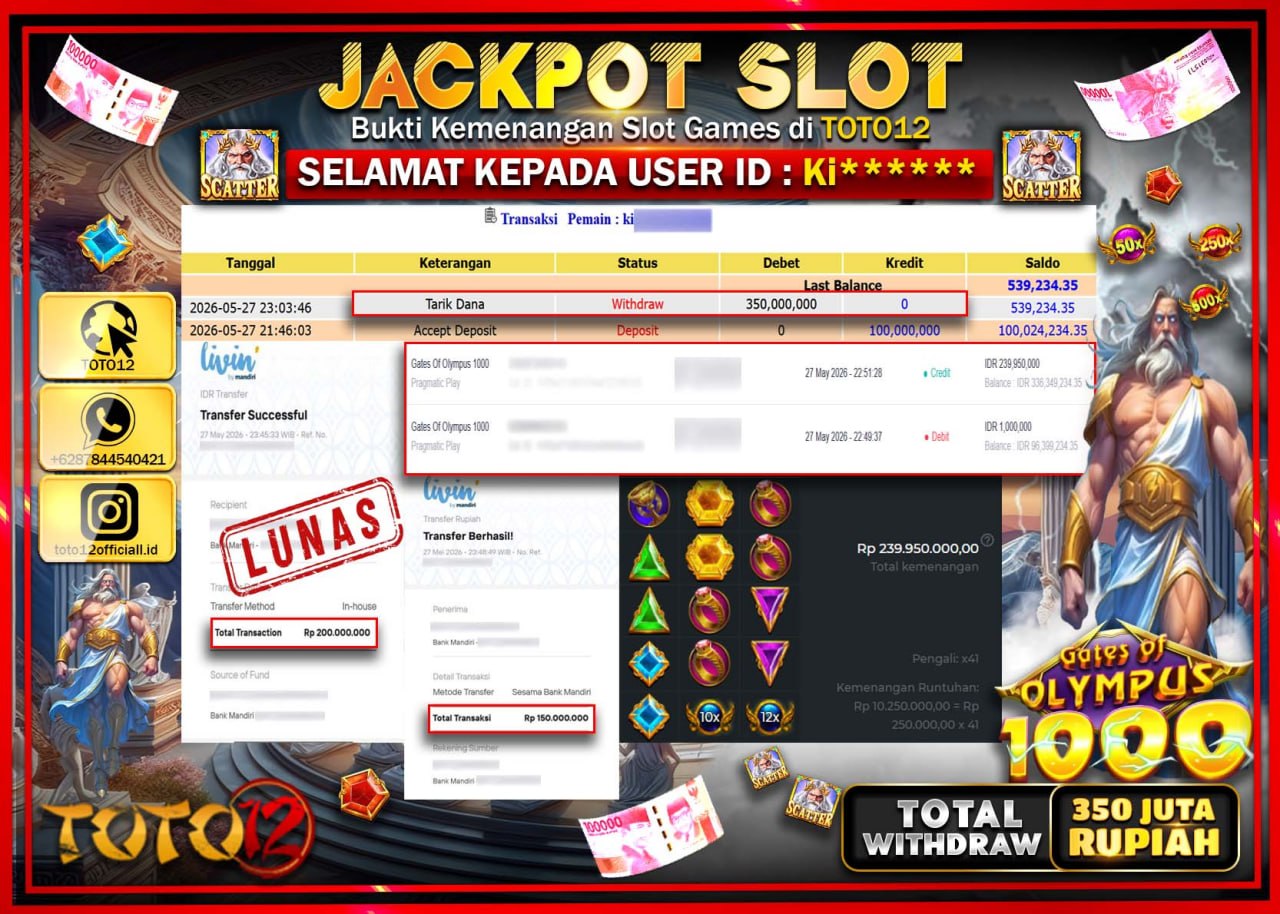 HANYA DI TOTO12 JP PASTI DI BAYAR LUNAS DAN CEPAT!!!!!! JACKPOT SLOT GAME (GATES OF OLYMPUS 1000) Rp350.000.000!!!!