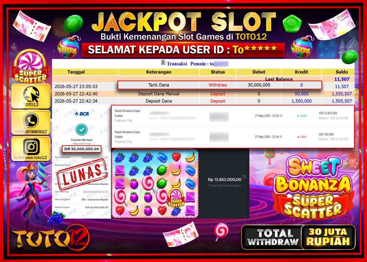 HANYA DI TOTO12 JP PASTI DI BAYAR LUNAS DAN CEPAT!!!!!! JACKPOT SLOT GAME (SWEET BONANZA SUPER SCATTER) Rp30.000.000!!!!