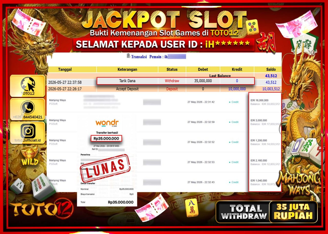 HANYA DI TOTO12 JP PASTI DI BAYAR LUNAS DAN CEPAT!!!!!! JACKPOT SLOT GAME (MAHJONG WAYS) Rp35.000.000!!!!