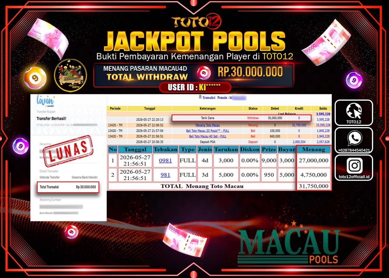 HANYA DI TOTO12 JP PASTI DI BAYAR LUNAS DAN CEPAT!!!!!! JACKPOT POOLS PASARAN (MACAU 4D) Rp30.000.000!!!!