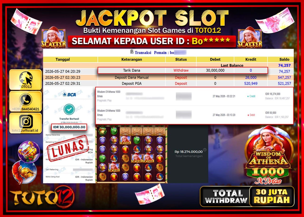 HANYA DI TOTO12 JP PASTI DI BAYAR LUNAS DAN CEPAT!!!!!! JACKPOT SLOT GAME (WISDOM OF ATHENA 1000 XMAS) Rp30.000.000!!!!