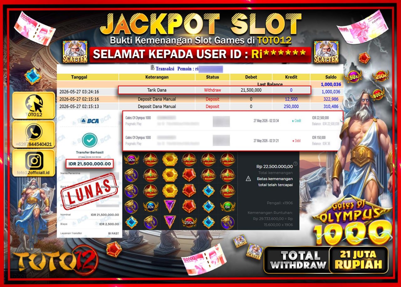 HANYA DI TOTO12 JP PASTI DI BAYAR LUNAS DAN CEPAT!!!!!! JACKPOT SLOT GAME (GATES OF OLYMPUS 1000) Rp21.500.000!!!!