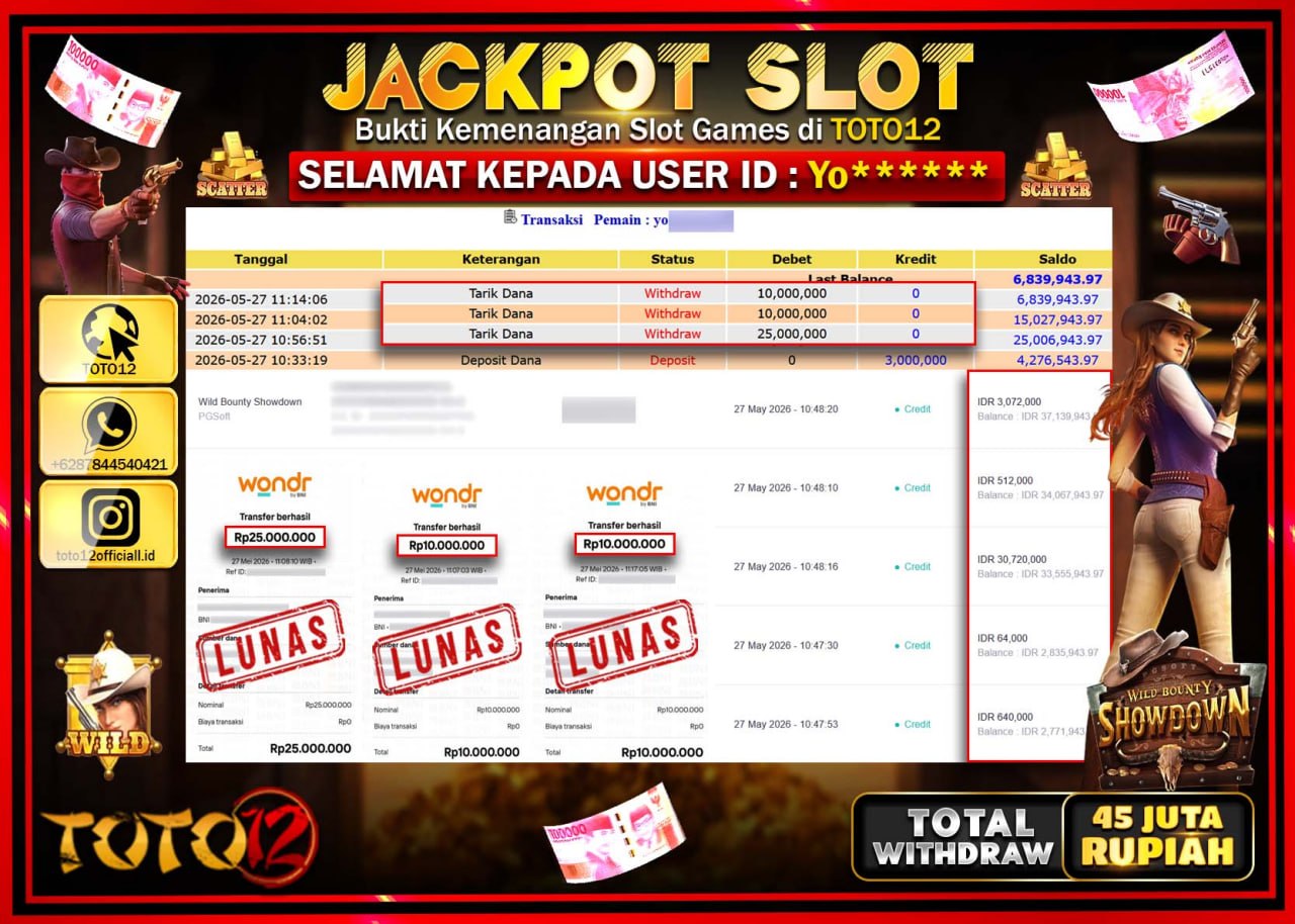 HANYA DI TOTO12 JP PASTI DI BAYAR LUNAS DAN CEPAT!!!!!! JACKPOT SLOT GAME (WILD BOUNTY SHOWDOWN) Rp45.000.000!!!!
