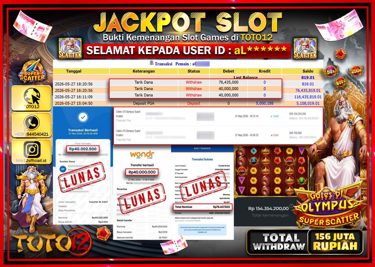 HANYA DI TOTO12 JP PASTI DI BAYAR LUNAS DAN CEPAT!!!!!! JACKPOT SLOT GAME (GATES OF OLYMPUS SUPER SCATTER) Rp156.435.000!!!!