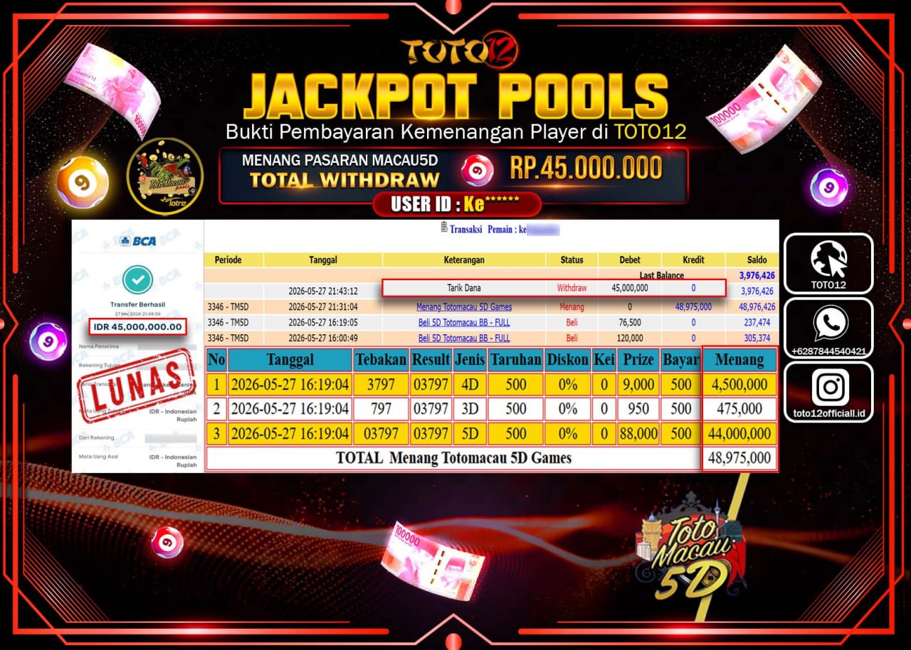 HANYA DI TOTO12 JP PASTI DI BAYAR LUNAS DAN CEPAT!!!!!! JACKPOT POOLS PASARAN (MACAU 5D) Rp45.000.000!!!!