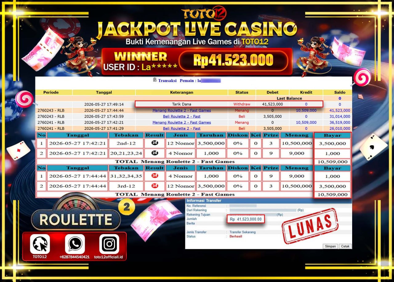 HANYA DI TOTO12 JP PASTI DI BAYAR LUNAS DAN CEPAT!!!!!! JACKPOT  LIVE GAME CASINO (ROULETTE 2) Rp41.523.000!!!!